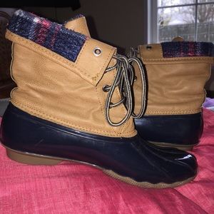 Brown and Blue Flannel Duck Boots